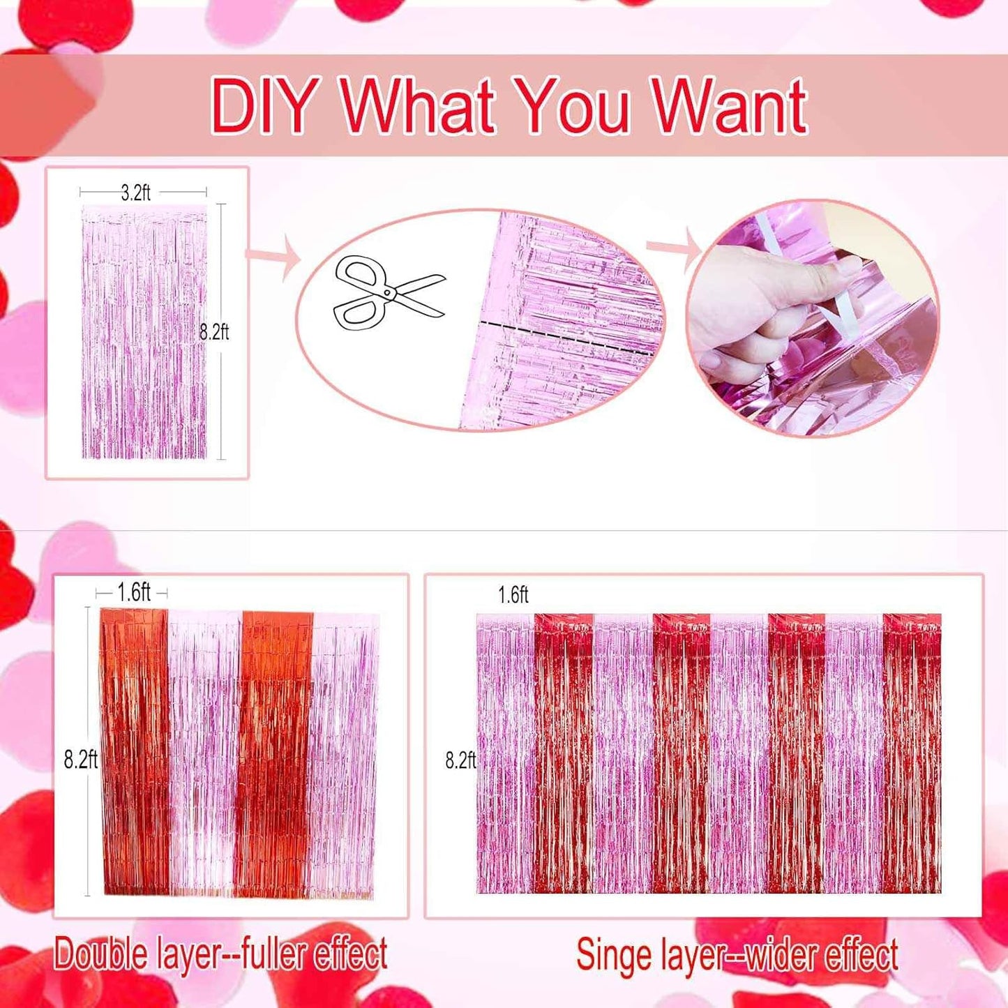Valentines Backdrop Decorations - 4 Pack of 3.2x8.2ft Red Pink Foil Fringe Curtains Streamers Backdrop for Birthday Valentines Decor