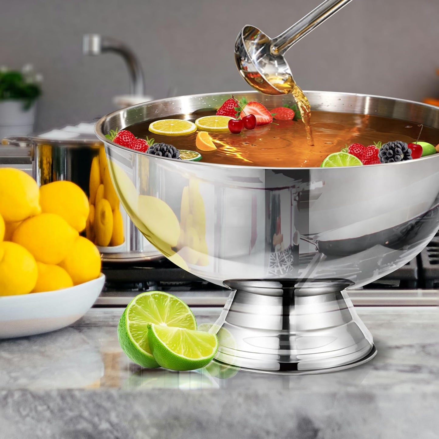 12L Silver Large Ice Bucket for Parties - 16"x16"x10" Huge Punch Bowl with Ladle - Stainless Steel Bucket for Cocktail Bar - Lightweight Champagne Bucket with Scoop