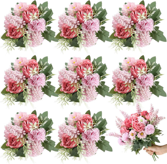 Zeyune 8 Pcs Wedding Silk Flowers Fake Silk Flowers Faux Bouquet Hydrangea Bouquets for Wedding Birthday Party Table Centerpieces Home Decoration (Bean Paste Pink,Rose)