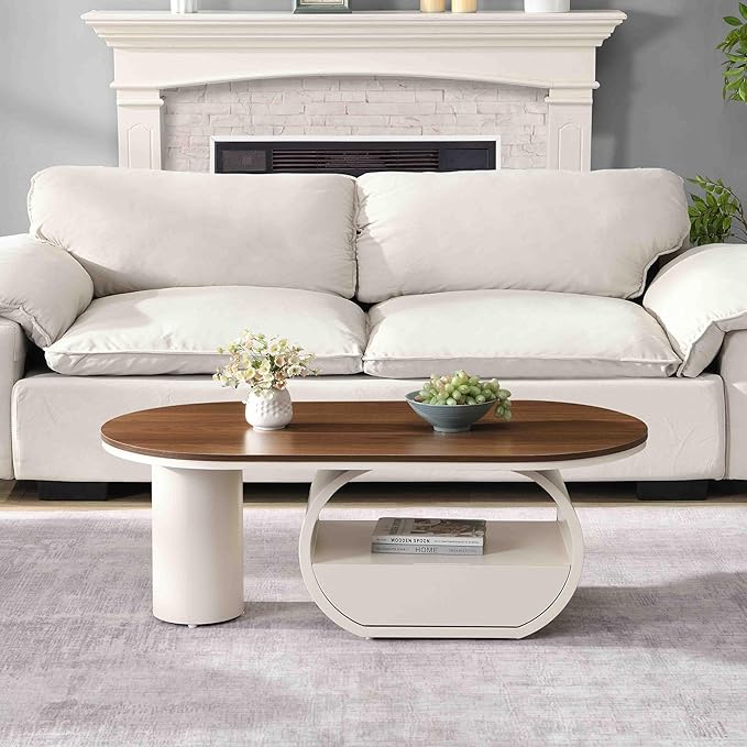 Modern Oval Coffee Table, 47.24" Brown Wood Top Coffee Table - Image 2