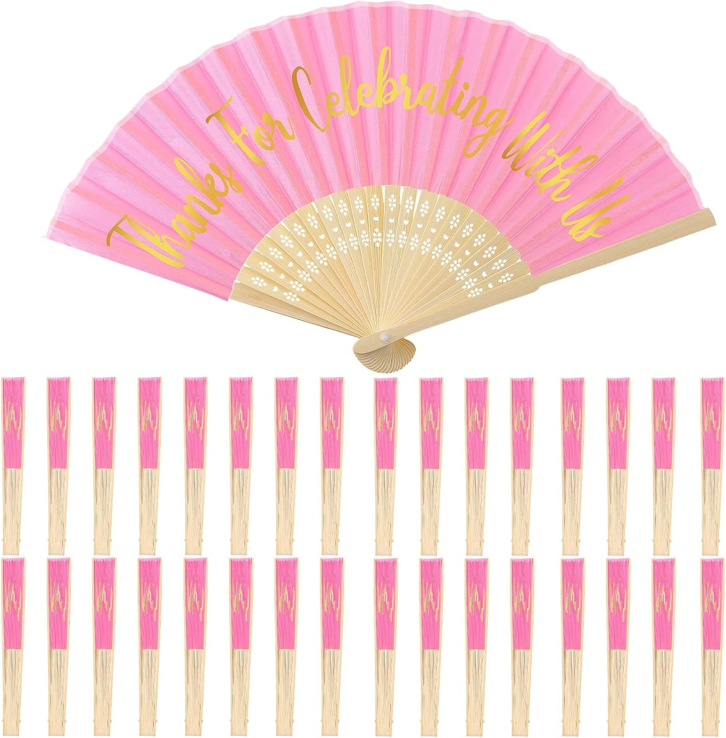 Jetec 50 Pcs Wedding Fans for Guests Bulk Silk Hand Fans Handheld Folded Thank You for Celebrating with Us Wedding Favors for Bridal Bridesmaid Baby Shower Dancing Party Church Gift(Pink)