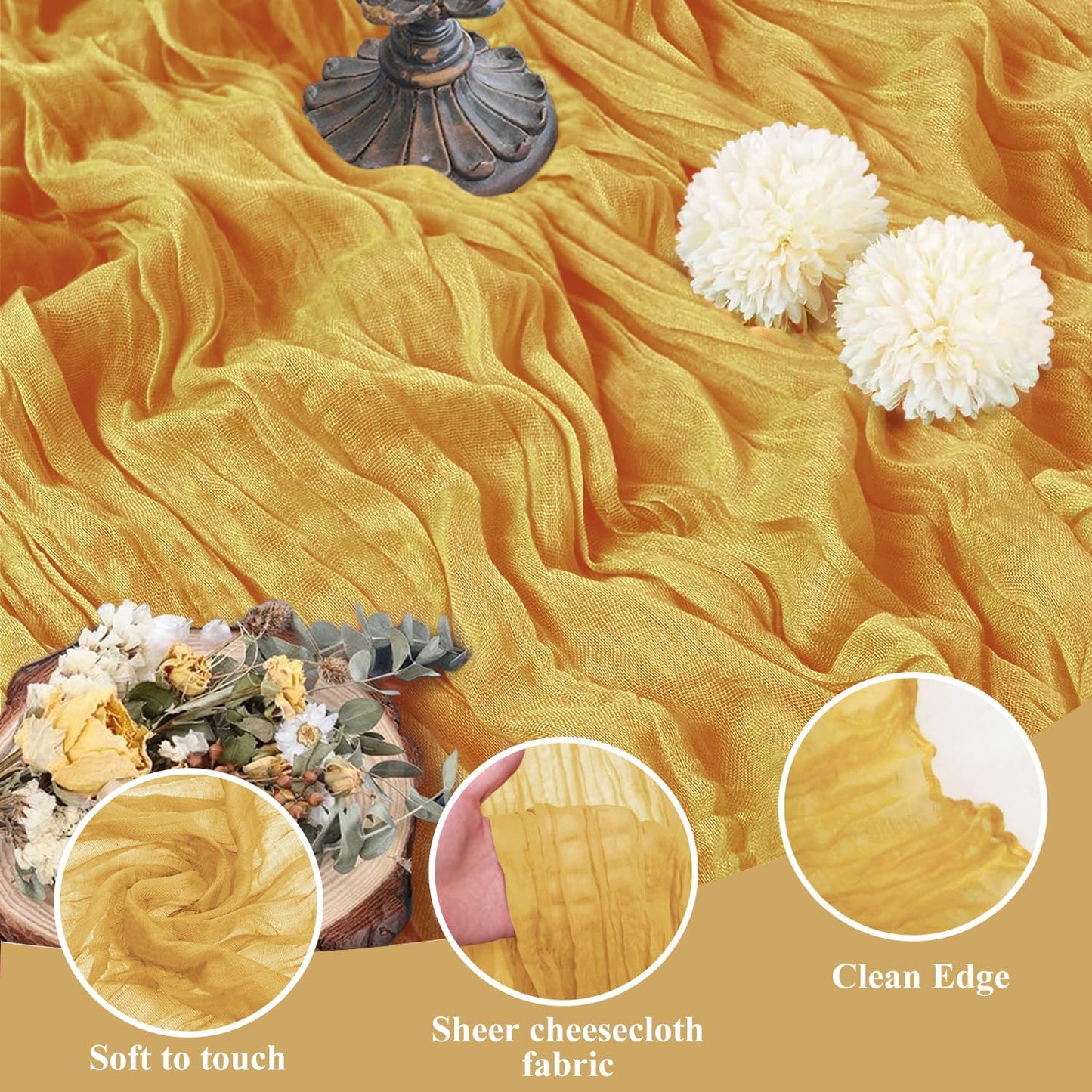 Asee'm 3pcs Cheesecloth Table Runner 120 Inches Long Gold Boho Gauze Cheese Cloth Runner 10FT Rustic Sheer Table Runners for Christmas Wedding Party Baby Shower Spring Easter Decoration