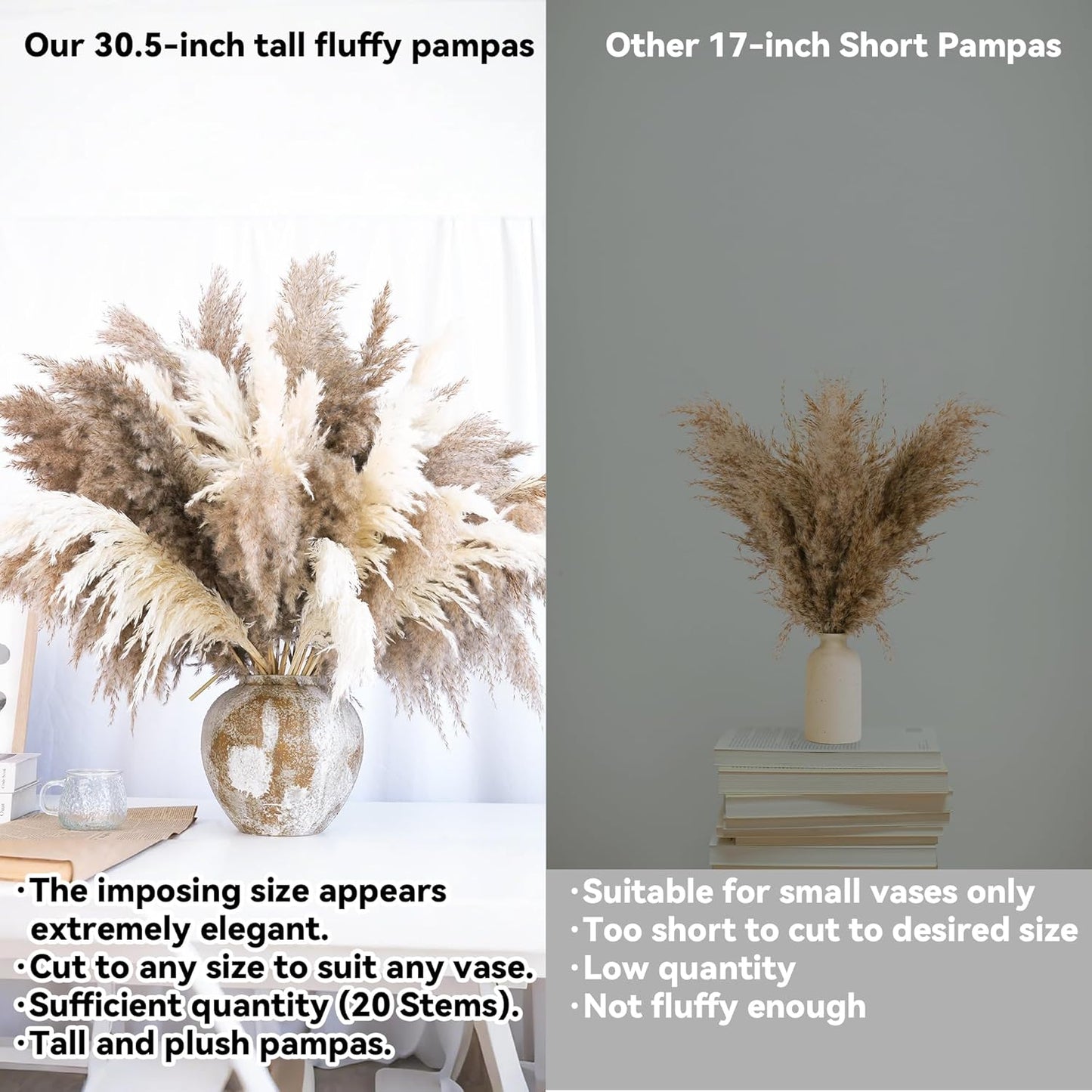 20 PCS Dried Flower, 30-inch Tall Nature Pampas Grass Bouquet Decor - Boho Flowers and Feathers for Centerpieces, Perfect for Tall Floor Vase Fillers, Living Room, and Wedding Decor(White, Natural)