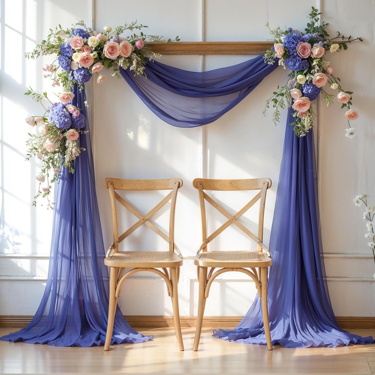 PARTISKY Wedding Arch Draping Fabric, 2 Panels 6 Yards Navy Blue Sheer Backdrop Curtain Window Scarf Valance for Table Event Party Home Decorations（2 Panels）, Navy Blue