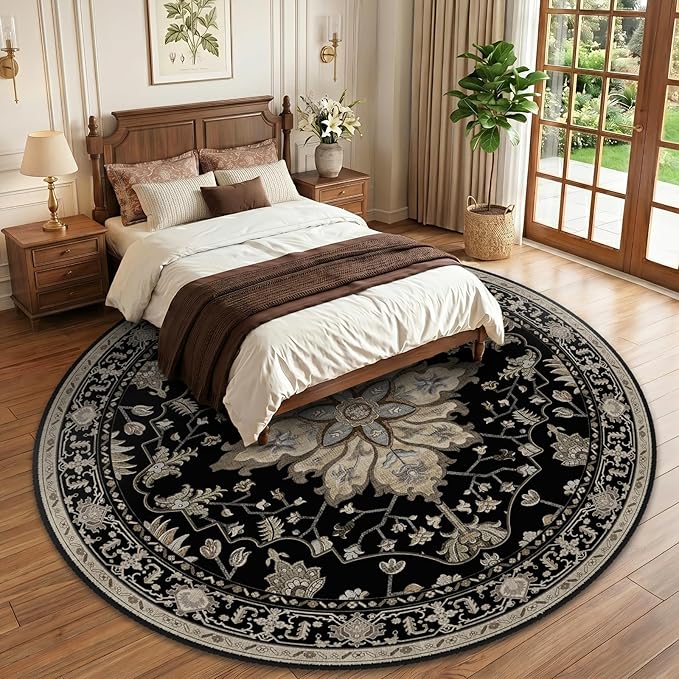 RELEANY Area Rugs Round 10ft Washable Non-Slip, Floral Vintage Distress Print - Image 2