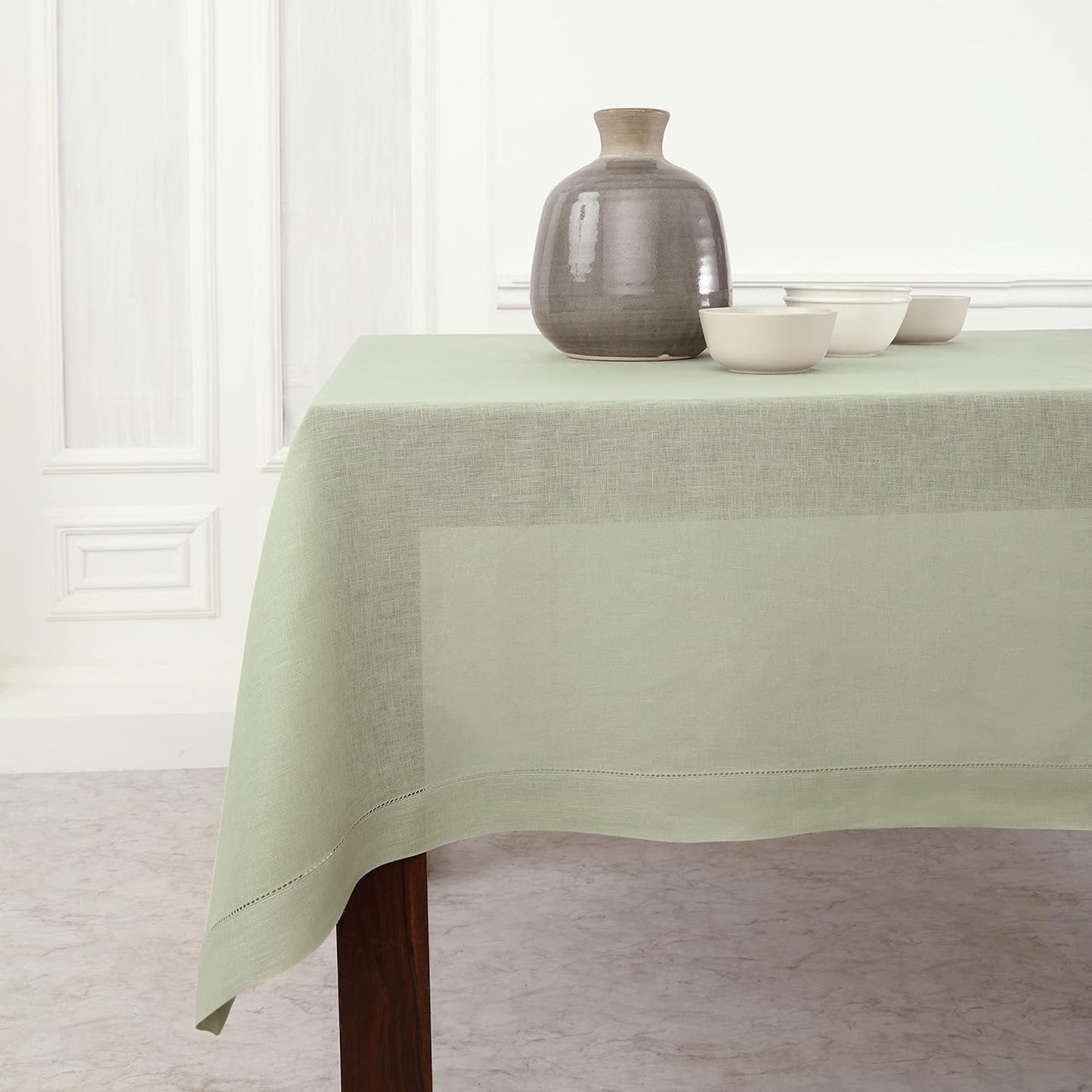 Solino Home Linen Tablecloth 60 x 108 Inch - Classic Hemstitch 100% Pure Linen Sage Green Table Cloth for Rectangle Tables - Machine Washable Tablecloth for Fall, Autumn, Thanksgiving, Christmas