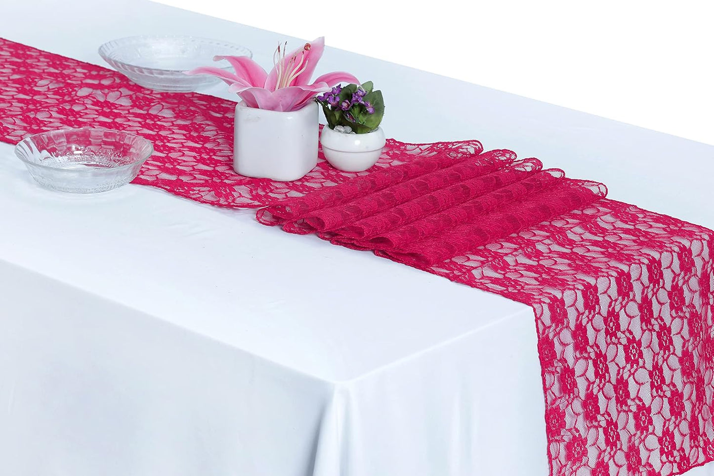 MDS Pack of 5 Wedding 12 x 108 inches Lace Table Runner for Wedding, Decorations for Birthday Parties, Banquets, Graduations, Engagements, and Runners fit Rectangle, Round Table- Magenat