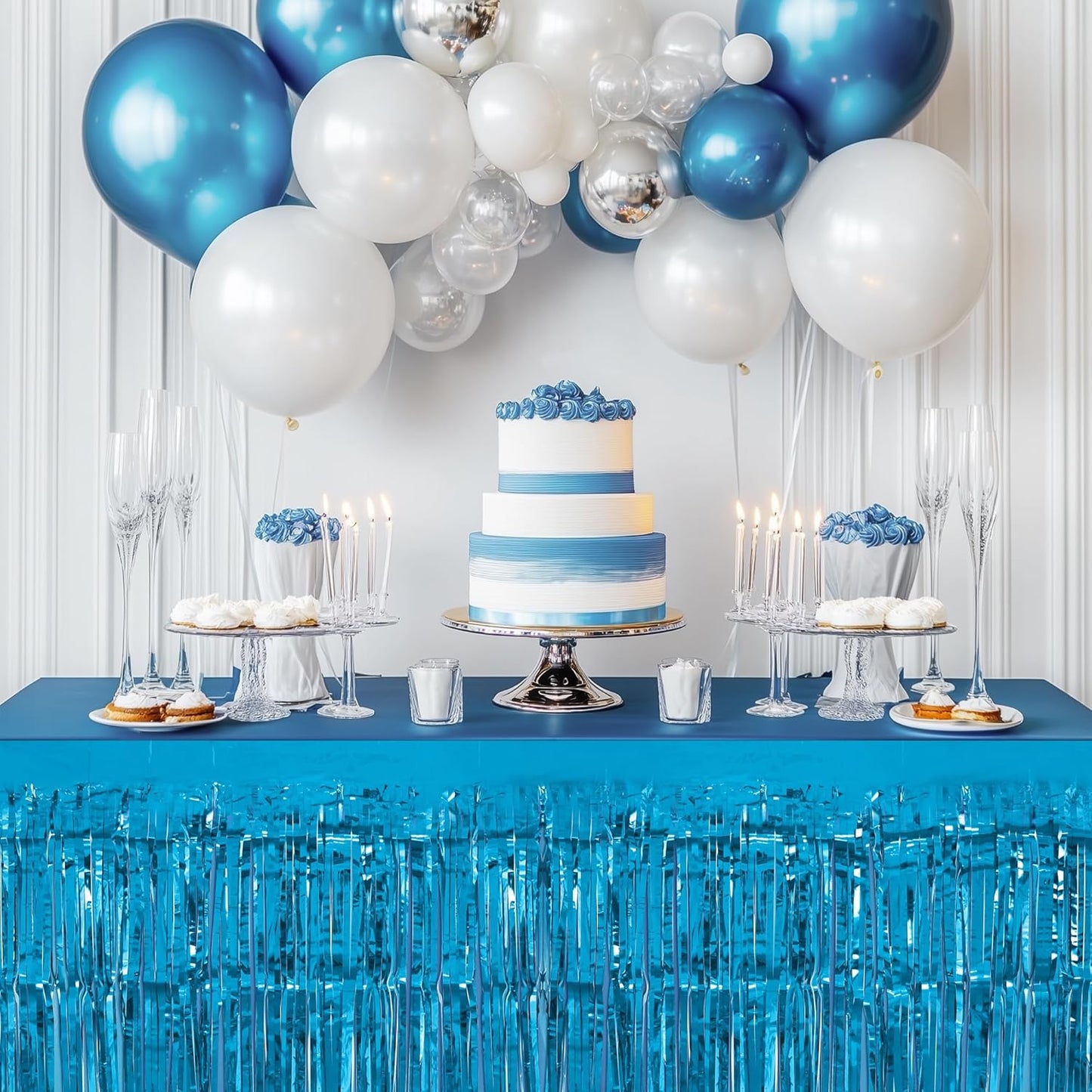 2 Pack Lake Blue Lime Green Table Skirts, 29x108" Metallic Foil Tinsel Fringe Table Skirt for Rectangle Tables Streamer Curtains Backdrop, Party Decorations for Birthdays, Weddings, Holidays