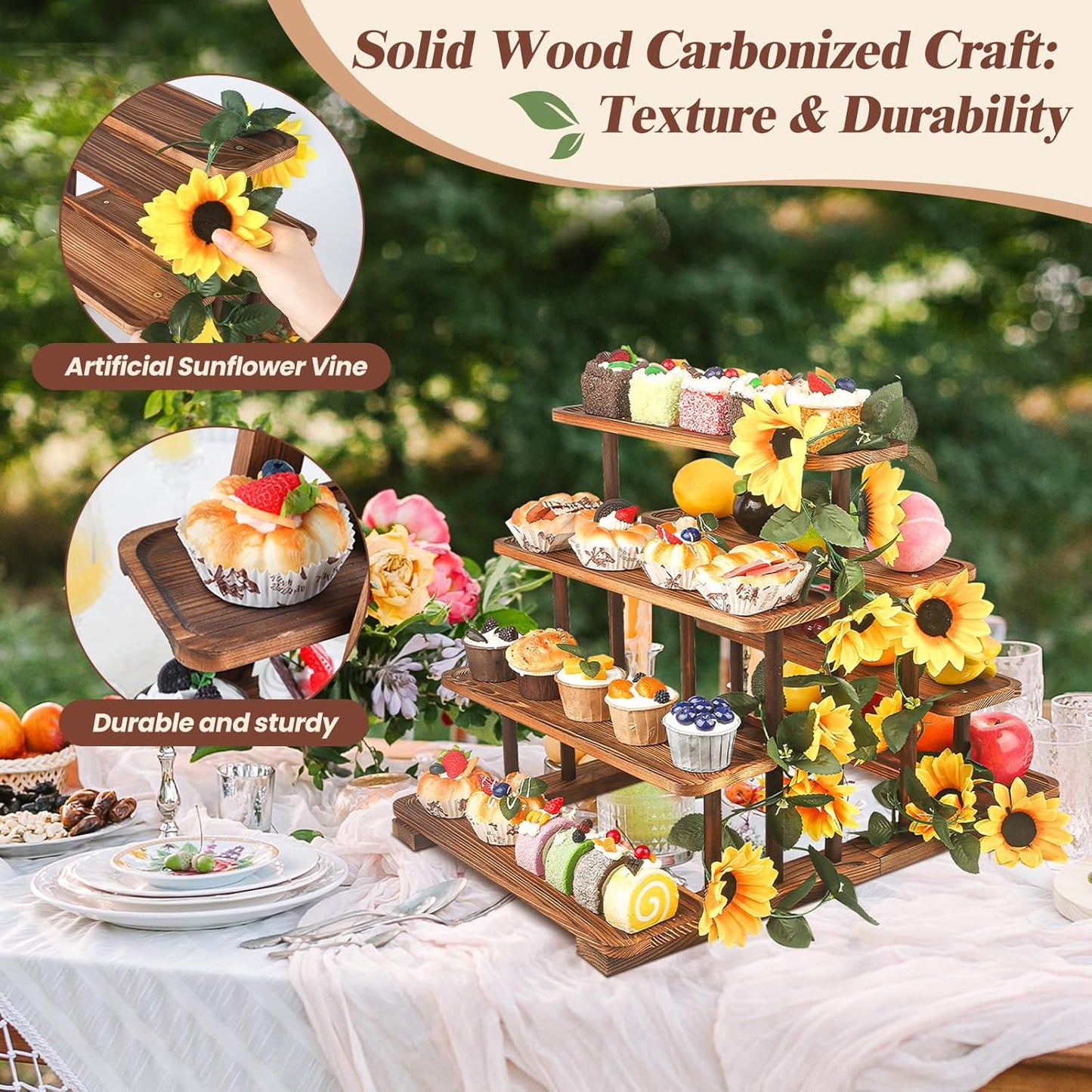 Wooden 7 Tier Cupcake Stand & Towers Serving Trays for Party with Vine Decoration - Party Display Serving Ladder with Platter for Cake, Snacks– Perfect for Catering, Events & Centerpieces