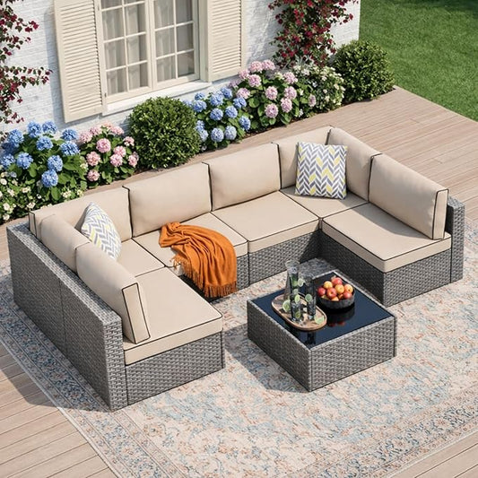 JAMFLY 7-Piece Outdoor Patio Furniture Set, Modular PE Rattan Sectional Sofa by JAMFLY