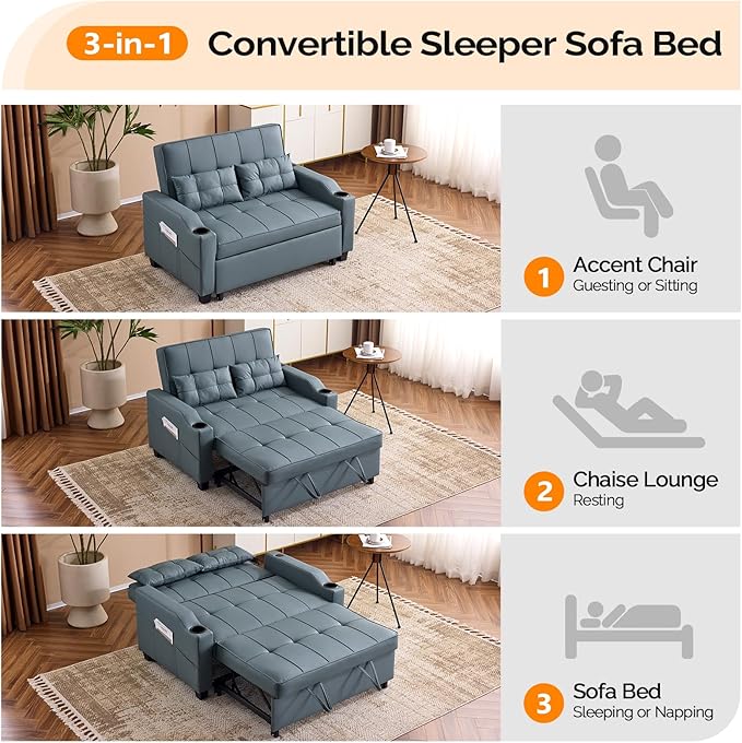 VINGLI Blue Grey Futon Sofa Bed Convertible Loveseat Sleeper Couch, Faux - Image 4
