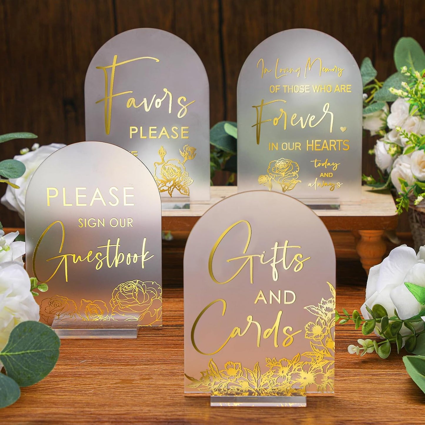 Chunful 4 Pcs Clear Acrylic Wedding Sign with Stand for Ceremony Reception 5" x 7" Guest Book Cards and Gifts In Loving Memory Favors Please Take One Table Sign for Wedding(Shiny Gold,Classic Style)