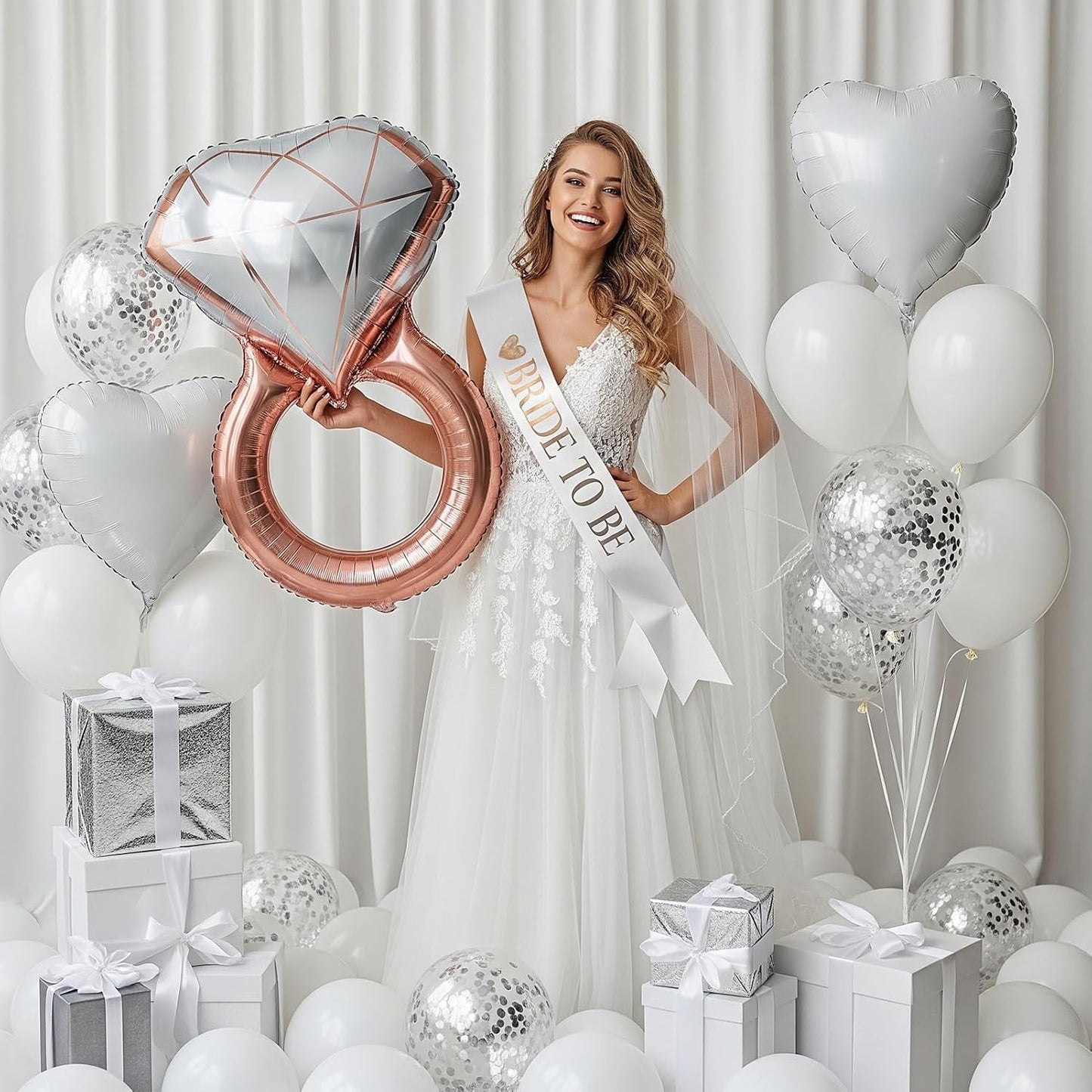 Classic pearl white Bridal Shower party decorations elegan White balloons Bridal Veil BRIDE TO BE Balloons Sash with Diamond Ring Heart Champagne Balloons Bridal Veil for Bachelorette Party Supplies