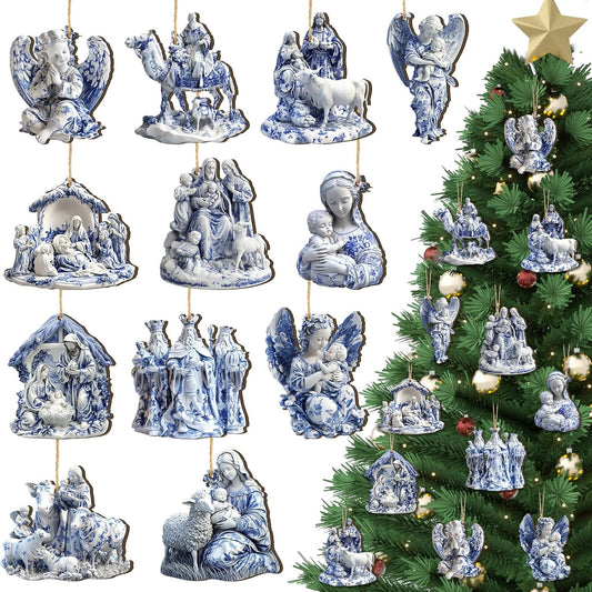 Suzile 36 Pcs Christmas Wooden Ornaments Nativity Scene Tree Decorations Vintage Blue and White Chinoiserie Christian Religion Hanging Decorations for Tree Wreaths Xmas Hanging Wood Cutouts for Home
