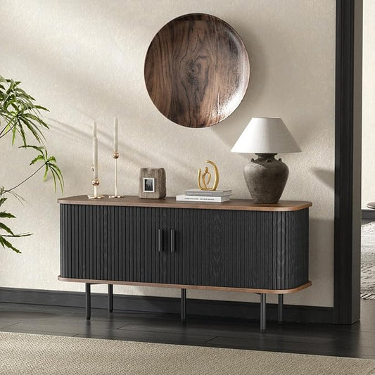 55''W Black Cabinet with Storage, Media Console, Tambour TV Stand, Television by FiveWillowise