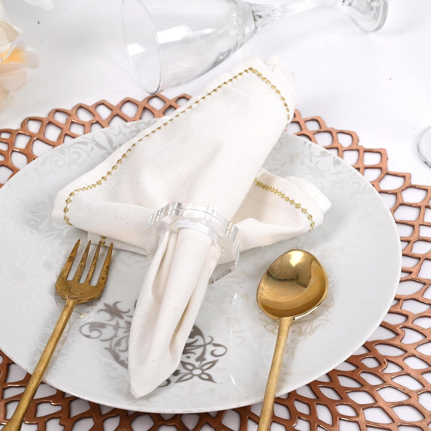 Acrylic Napkin Rings Set of 8 - Octagon Transparent Design for Christmas, Thanksgiving, Holiday Table Decor - Durable Crystal Napkin Holders for Dinner Parties & Everyday Use (Opaque) - CLEENTABLE