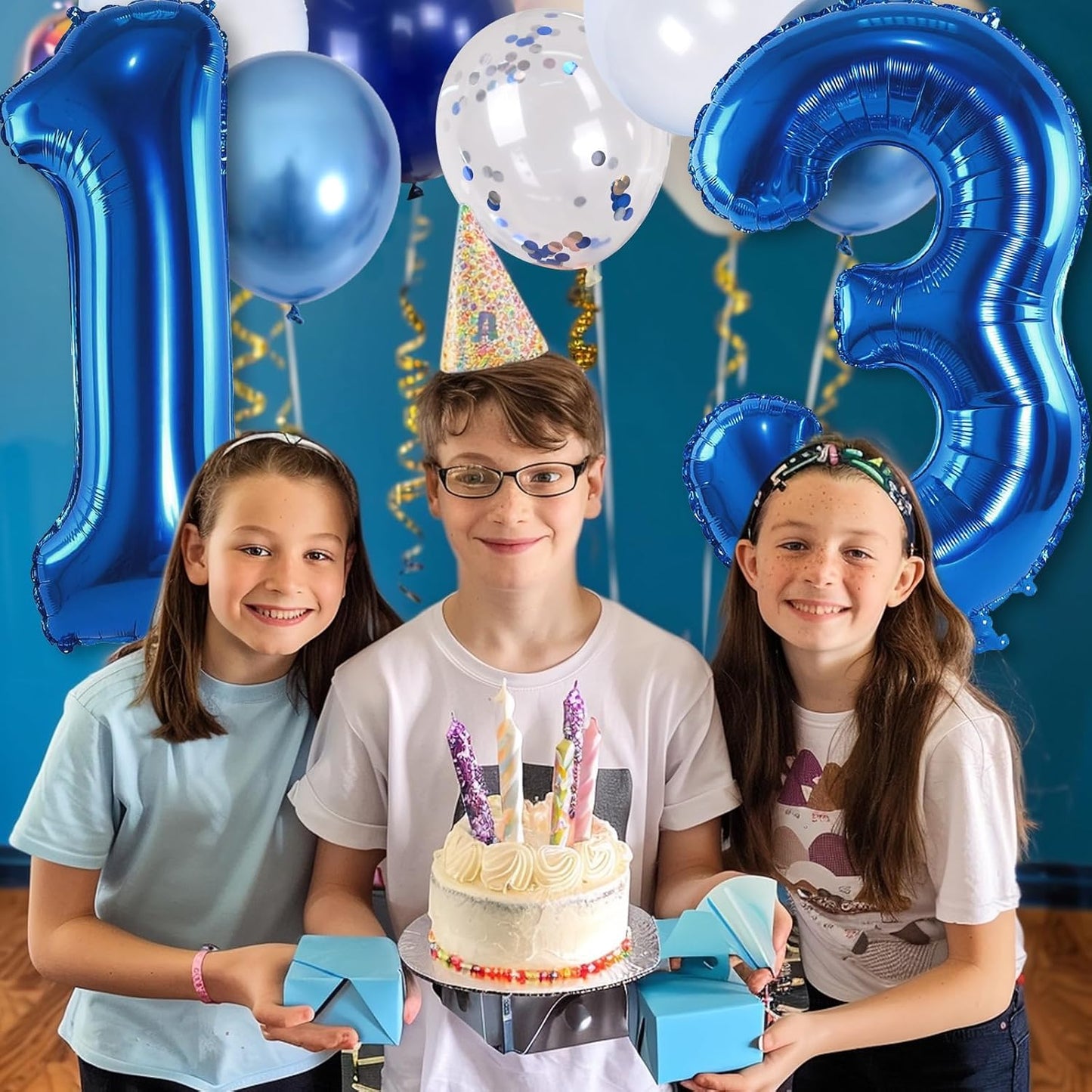 Number 13 Pastel Blue XXL 13th Birthday Decor Foil Balloon with Silver Confetti, Helium Balloon, 40 Inch for Boys Birthday Party Men Anniversary Decorations