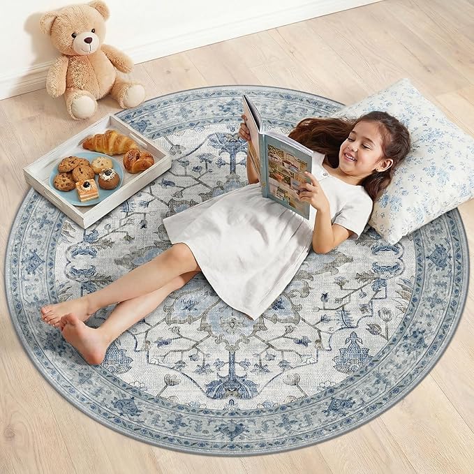 RELEANY Area Rugs Round 4ft Washable Non-Slip, Floral Vintage Distress Print by RELEANY
