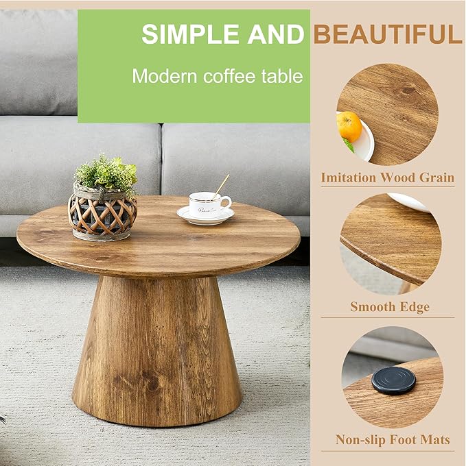 Round Coffee Table 24 in, Modern Wood Grain Living Room Table - Image 4