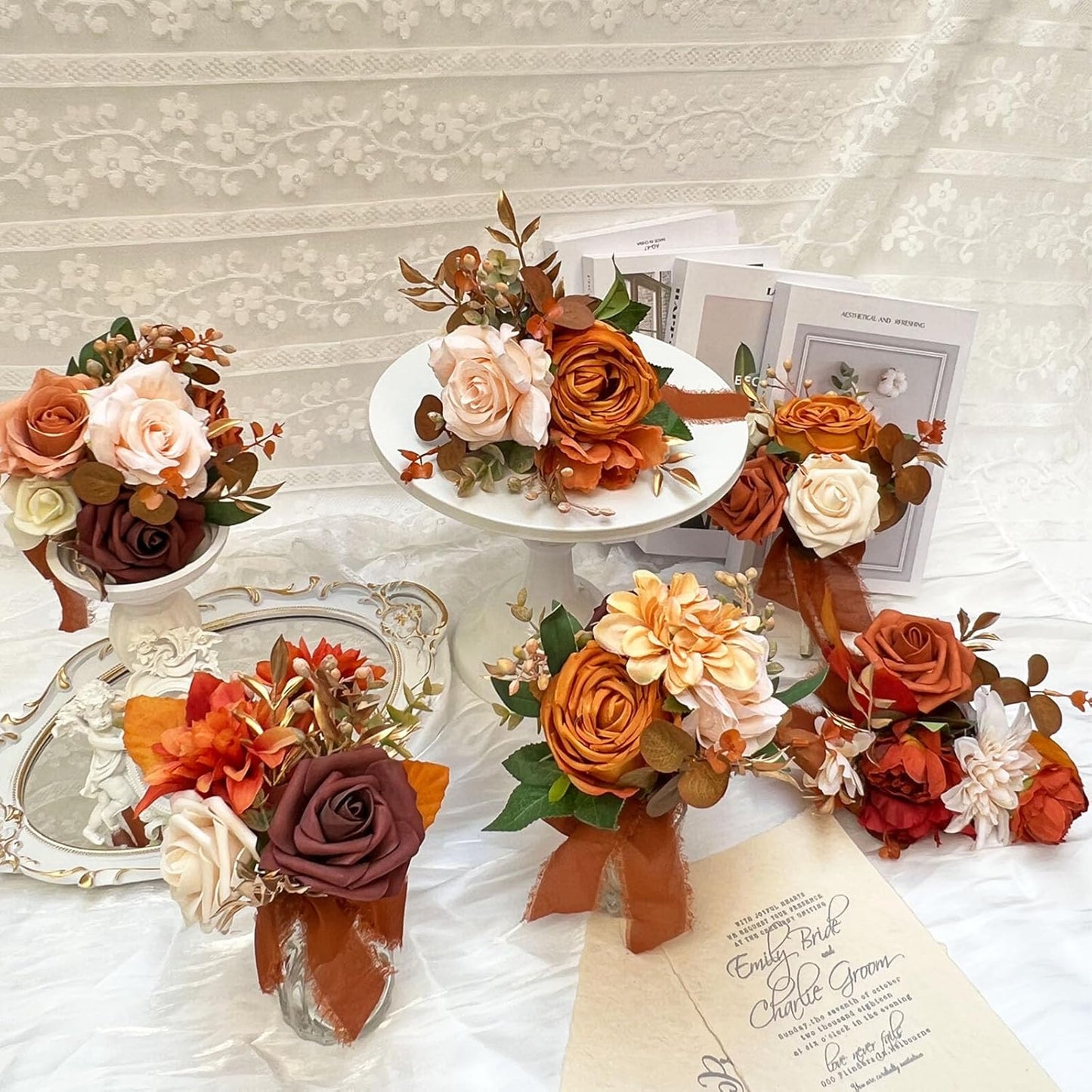 CherishedMoments Set of 6 Assorted Flower Centerpieces Mini Floral Wedding Flowers Set for Fall Wedding Table Centerpieces Decoration, Burnt Orange Bouquets and Home Decor