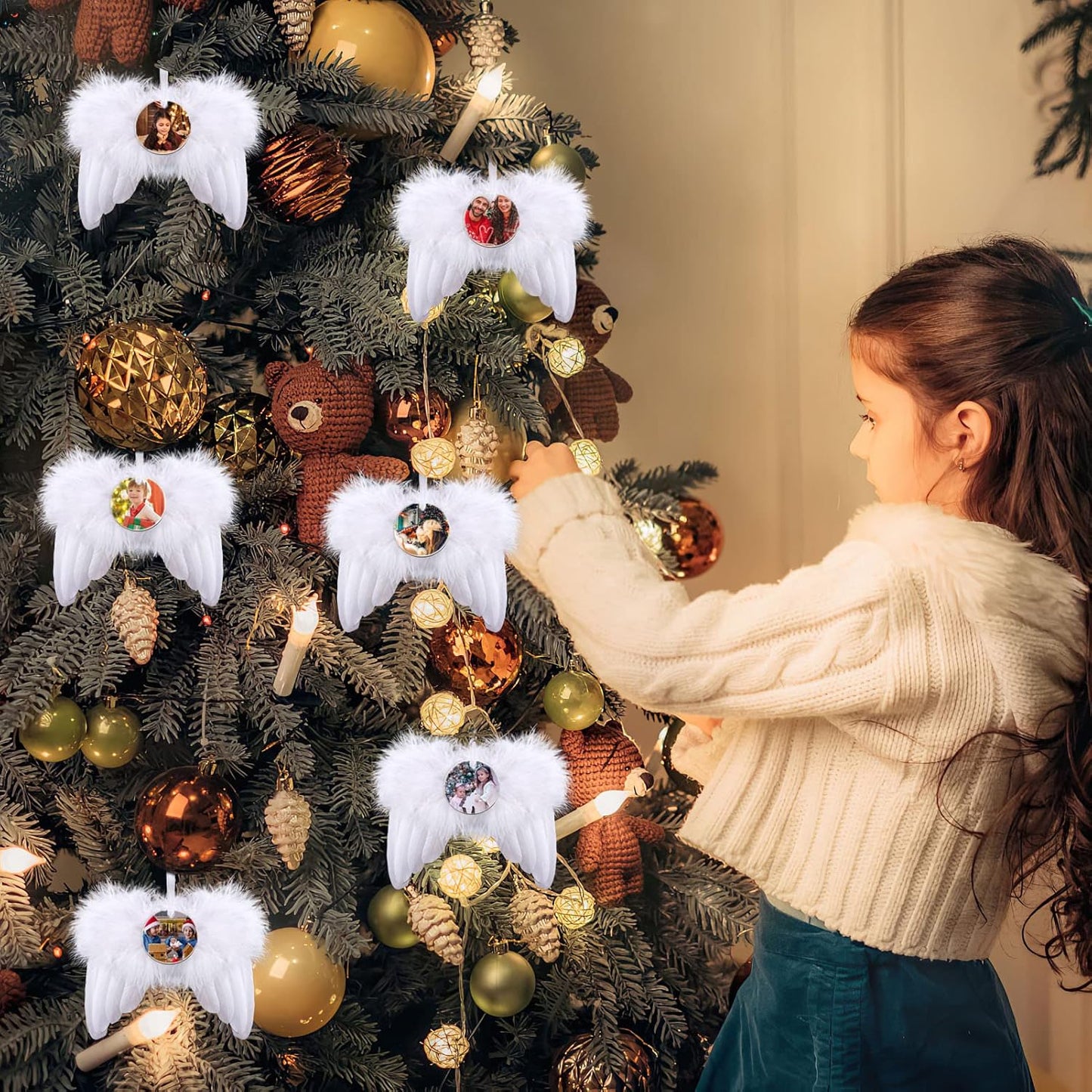 Personalized Photo Christmas Ornaments - Custom Christmas White Angel Wings Ornament Hanging, Feather Hanging Decor with Photo Text for Christmas Tree Xmas Gifts