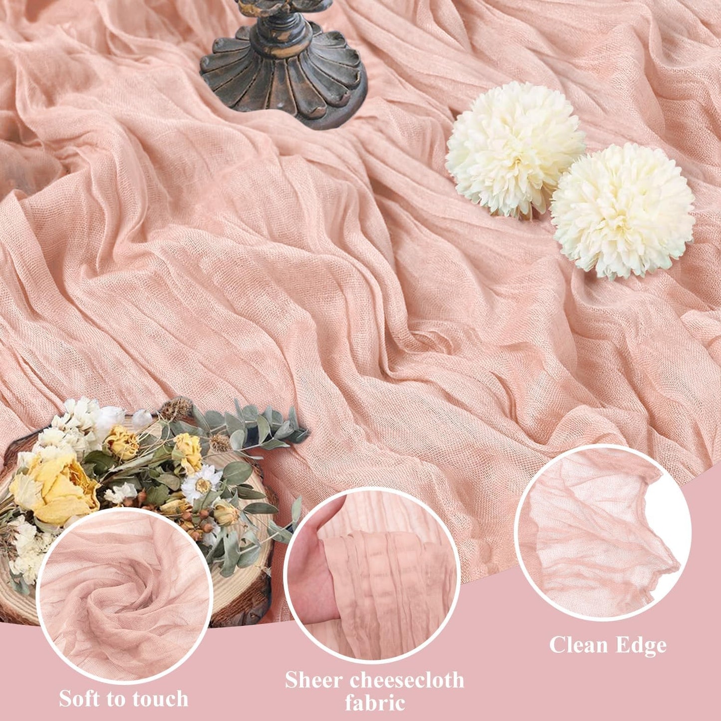 Asee'm 12pcs Cheesecloth Table Runner 120 Inches Dusty Pink Boho Gauze Cheese Cloth Runner 10FT Rustic Sheer Table Runners for Summer Wedding Baby Shower Holiday Party Decoration