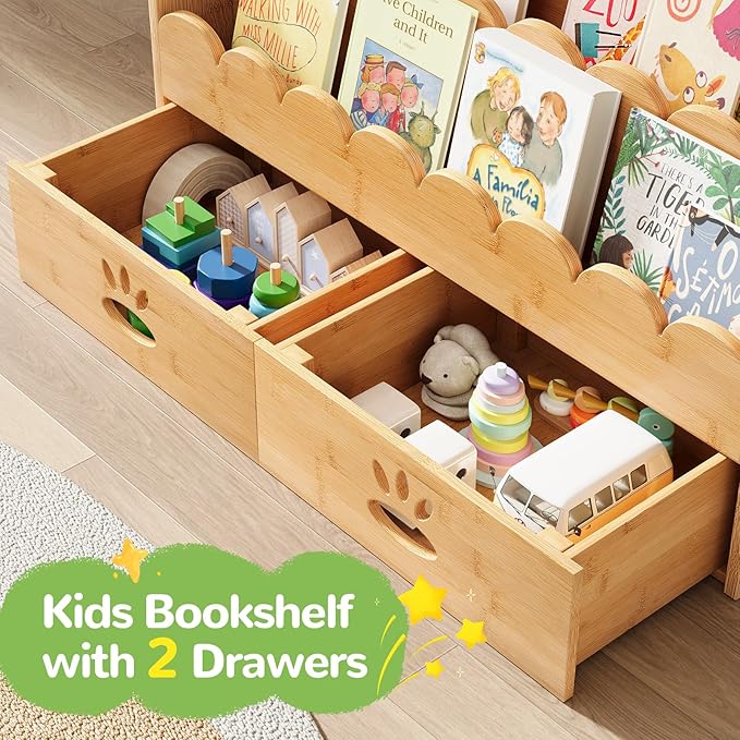 ELYKEN Kids Bookshelf with 2 Drawers, 3-Tier Bamboo Book Shelf - Image 5