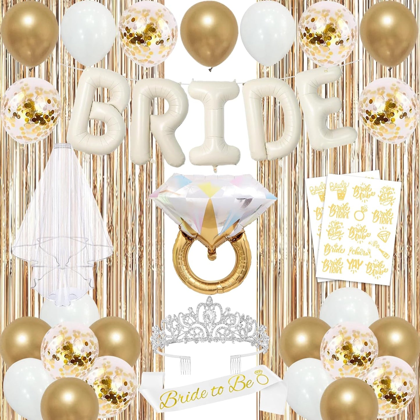 Trgowaul Bride to Be Decorations for Women, Bride to Be Banner, Bridal Shower Tiara, Sash&Veil, Fringe Curtains, Champagne Gold Bachelorette Bridal Shower Fecorations Party Supplies