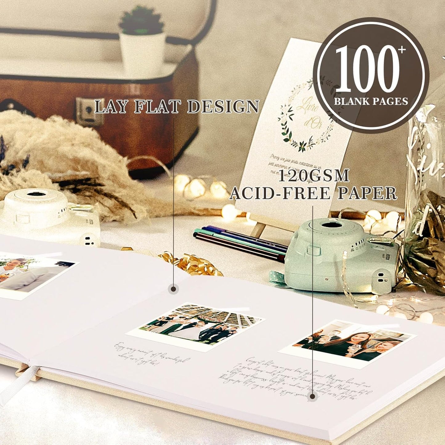 Lanpn Wedding Guest Book 2025 - Linen Hardcover Polaroid Guestbook Wedding Reception for Sign in and Photos - 108 Blank Pages Guest Book for Bridal Shower Baby Shower Wedding Party (Cream)