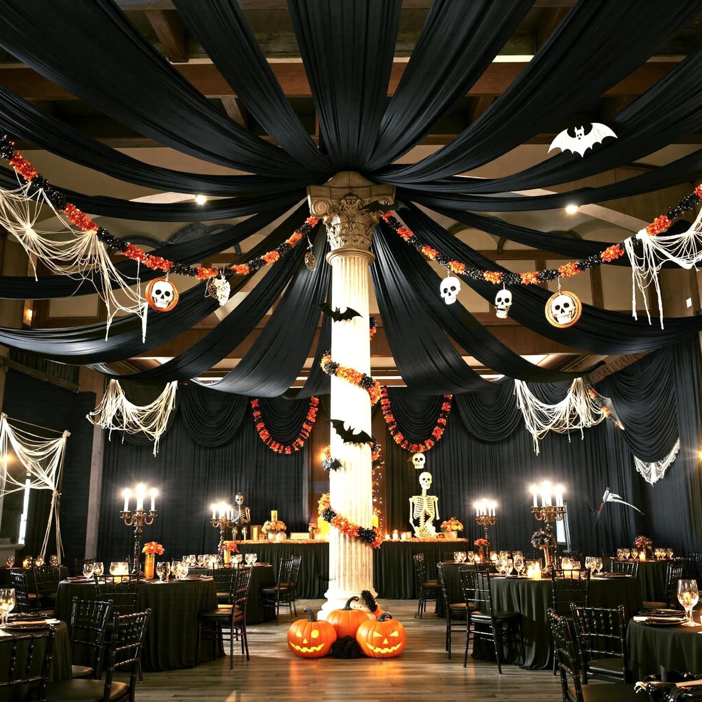 PartyVillage 50ftx40ft Black Ceiling Curtain for Halloween Parties – 10 Panels Wrinkle-Free 40 FT Long Tent Draping Curtains for Wedding, Birthday & Theme Parties, 40ft Height with Rod Pocket