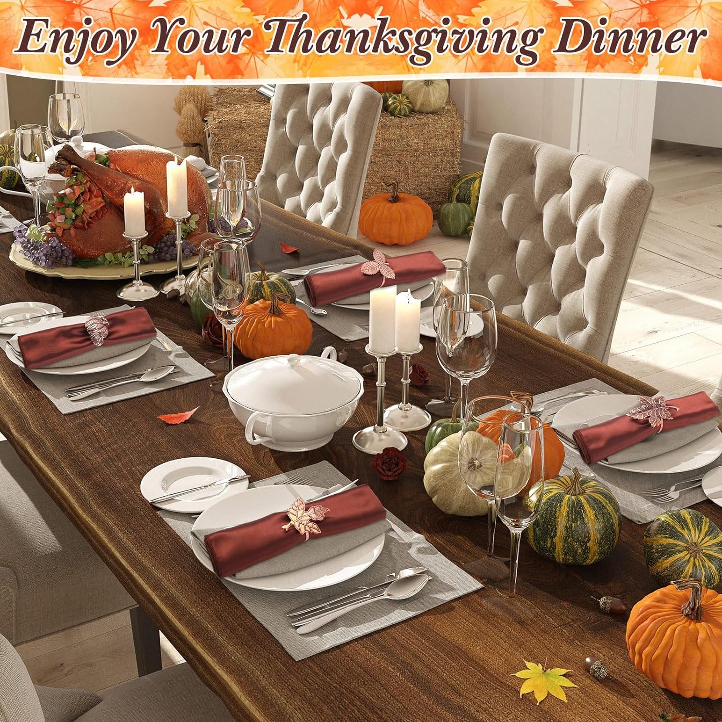 Remerry 8 Pcs Thanksgiving Napkin Ring Harvest Fall Leaf Pumpkin Holders Retro Alloy Metal Napkin Ring Buckle for Thanksgiving Wedding Table Supplies(Leaf and Pumpkin)