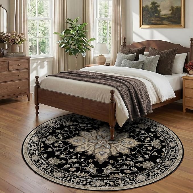 RELEANY Area Rugs Round 7ft Washable Non-Slip, Floral Vintage Distress Print - Image 2