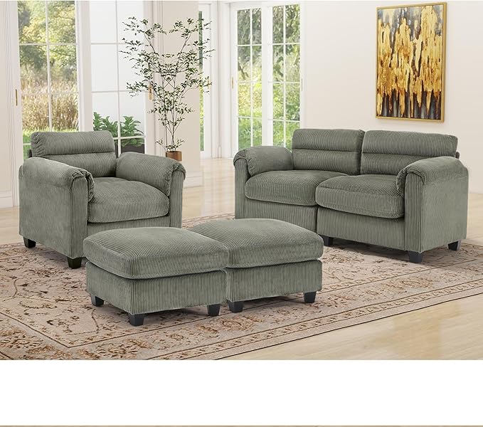 HAOMARKETS Corduroy 4-Piece Sofa Set, Upholstered Ottoman Set of 2, Accent by HAOMARKETS