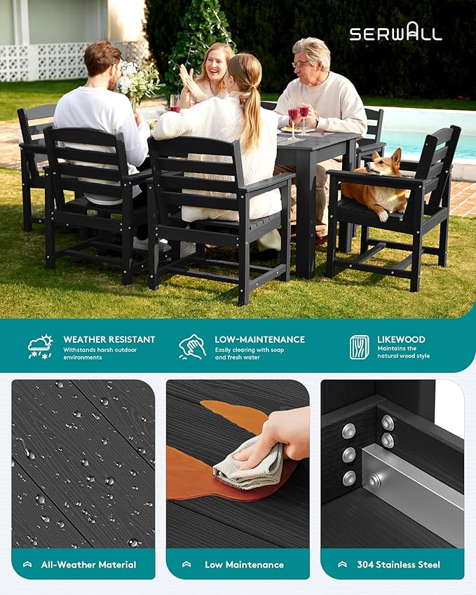 SERWALL HDPE Dining Set for 6: 1 Umbrella Hole Table, 4 Armless + 2 Armchairs. - Image 7