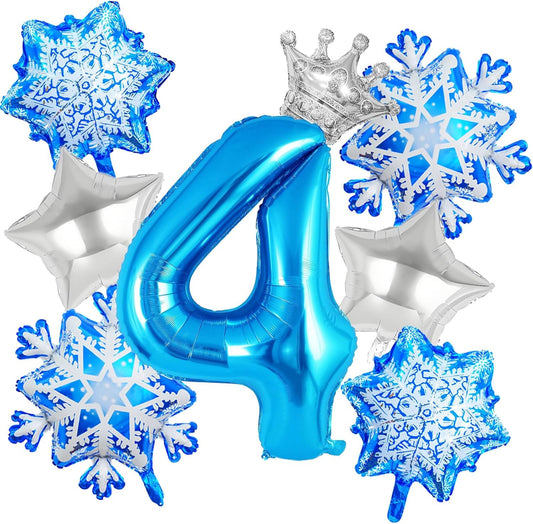 8Pcs Winter Wonderland Decorations - 40inch Blue Number 4 Balloons - Crown Balloons for Winter Wonderland Party Decorations - Birthday Decoration