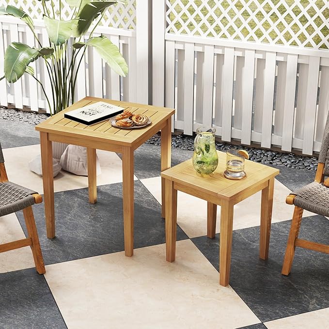 Tangkula 2 Pieces Patio Nesting Table, Teak Wood Outdoor Space Saving Design - Image 2
