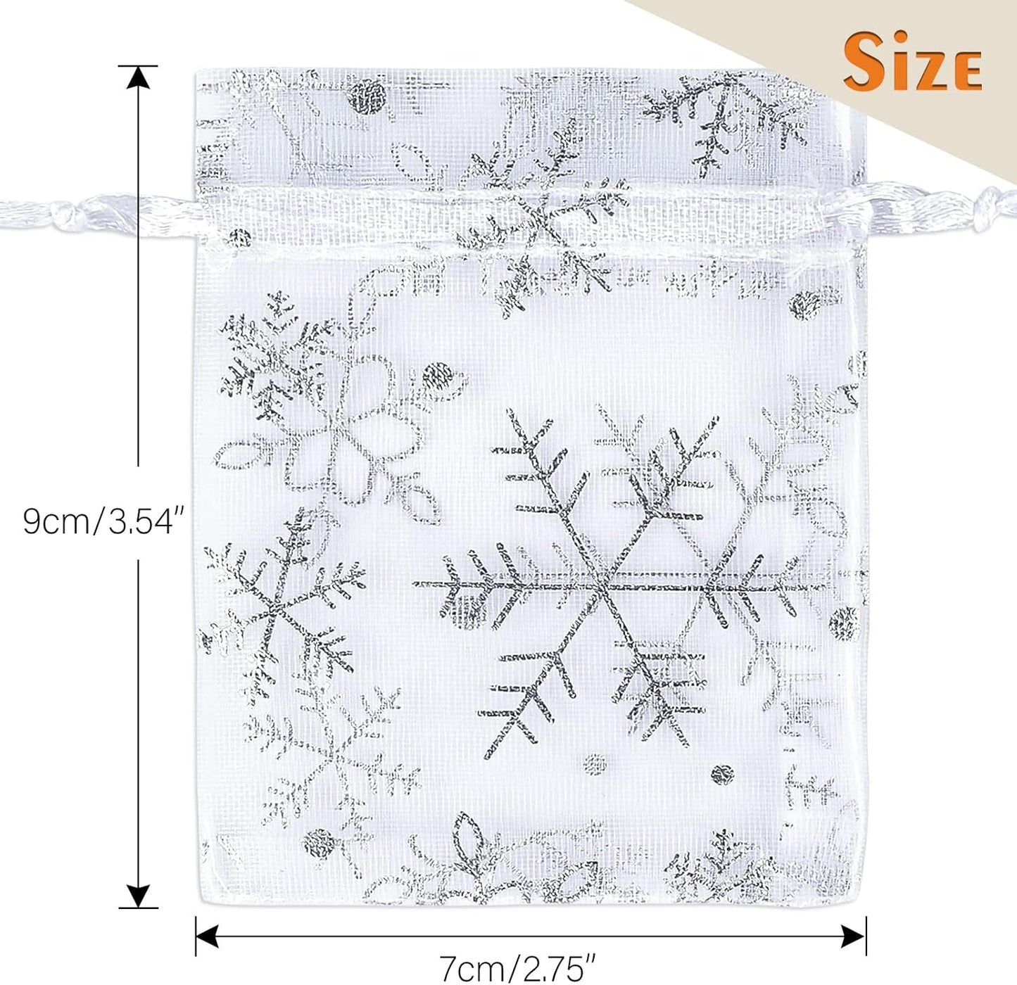 jijAcraft 3x4 Inch Christmas Organza Bags - 50Pcs White Snowflake Gift Bags with Drawstring, Xmas Party Favor Sheer Mesh Pouches for Winter Gift, Candy, Jewelry Bag
