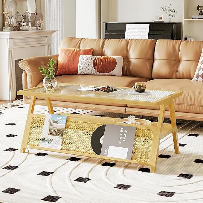 Bamworld Coffee Table with Storage Mid-Century Modern Coffee Table Boho - Image 4