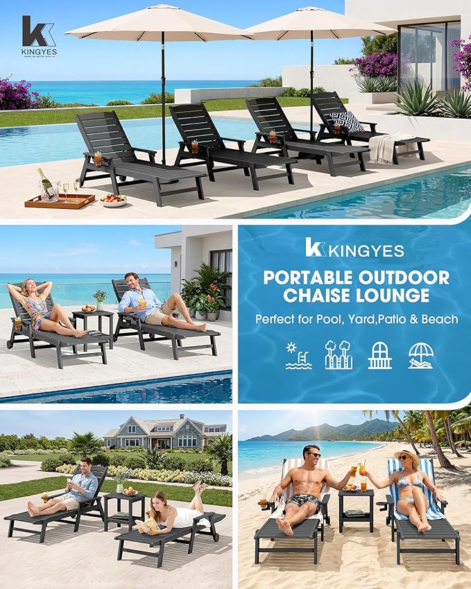 KINGYES HDPE Lounge Chair Outdoor, Patio Chaise Lounge Recliner - Image 9