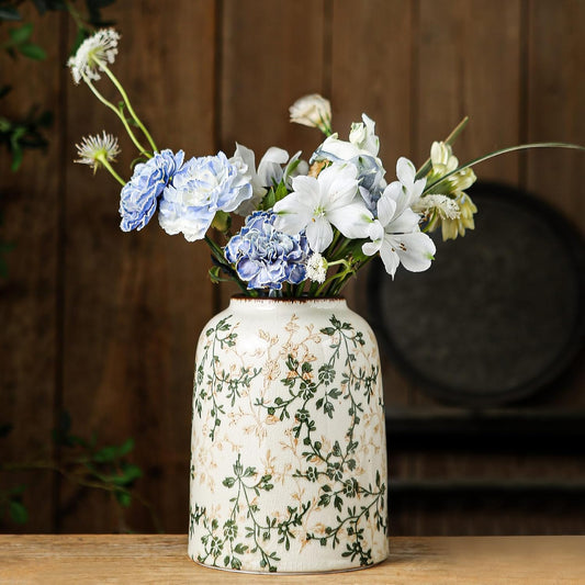 Green Vintage Vase, Chinoiserie Floral Vases, Retro Ice Cracked Ceramic Large Vases for Home Decors, Living Room, Bookshelf, Office, Grand Millennial Decor, Chinoiserie Decors, Tuscan Decor 7.8 Inch