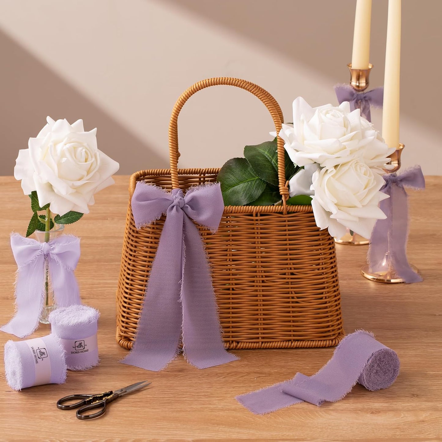 DORIS HOME Light Purple Chiffon Ribbon for Flower Bouquet, 2" x21Yd Fabric Ribbon for Gift Wrapping, Handmade Frayed Ribbon for Wedding, Chiffon Silk Ribbon for Christmas Decorations