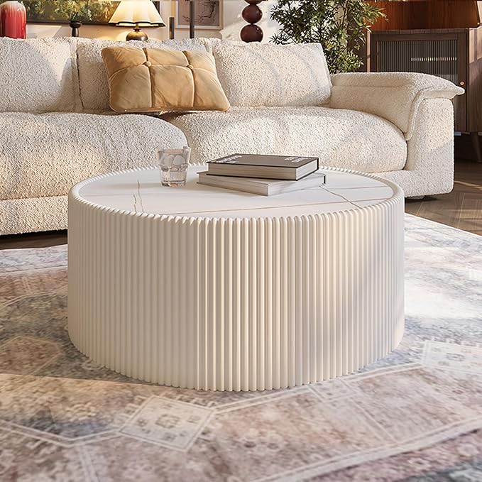 SSLine Round Drum Coffee Table Modern Sintered Stone Top Coffee Table in White - Image 4