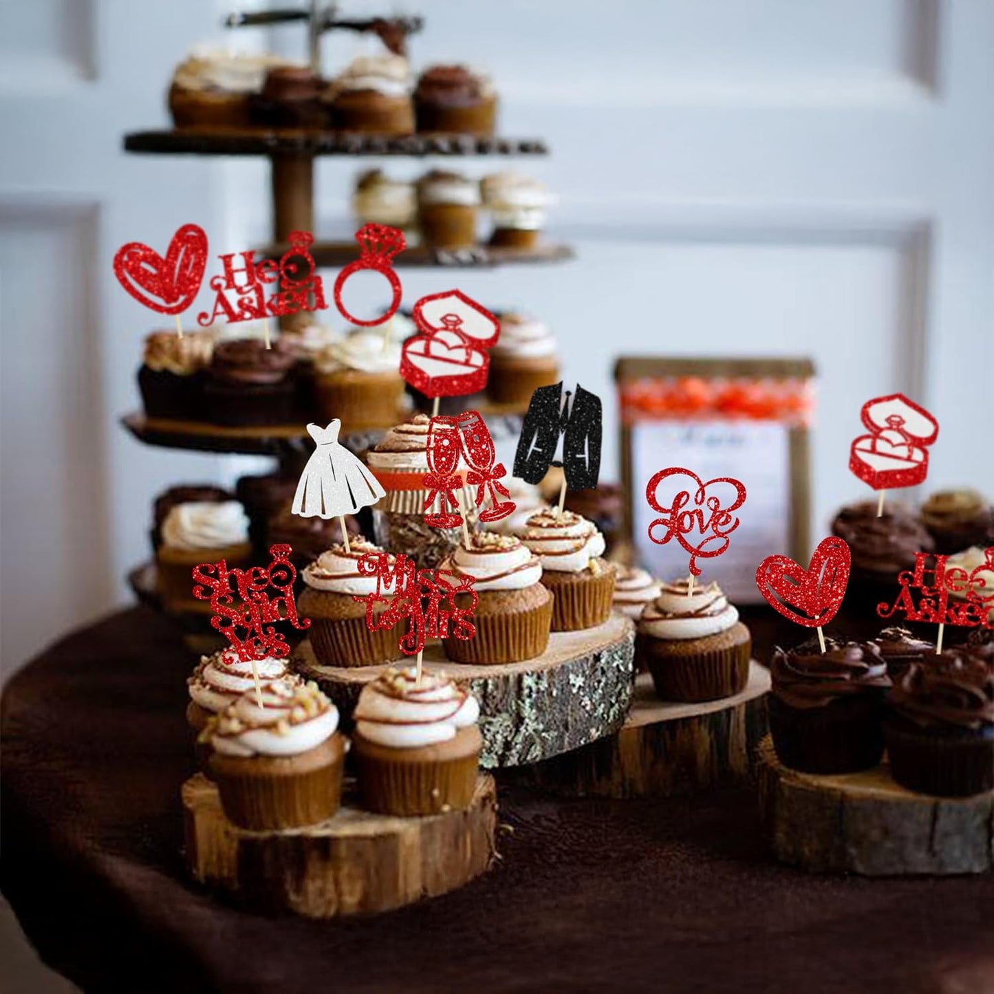 Gyufise 30Pcs She Said Yes Cupcake Toppers Glitter Diamond Ring I Do Love Cupcake Picks Miss to Mrs He Asked Bridal Shower Wedding Engagement Bachelorette Cake Decoration Red