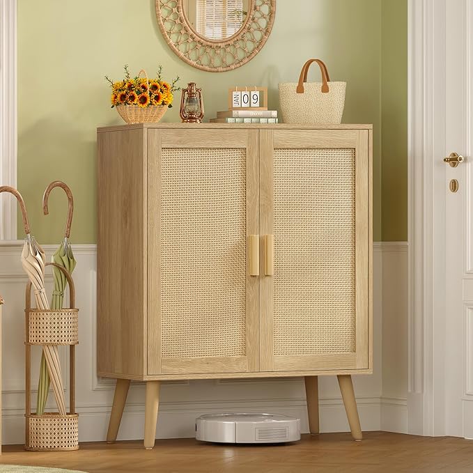 Iwell Storage Cabinet with 2 Shelves, Rattan Cabinet with 2 Doors, Sideboard - Image 7