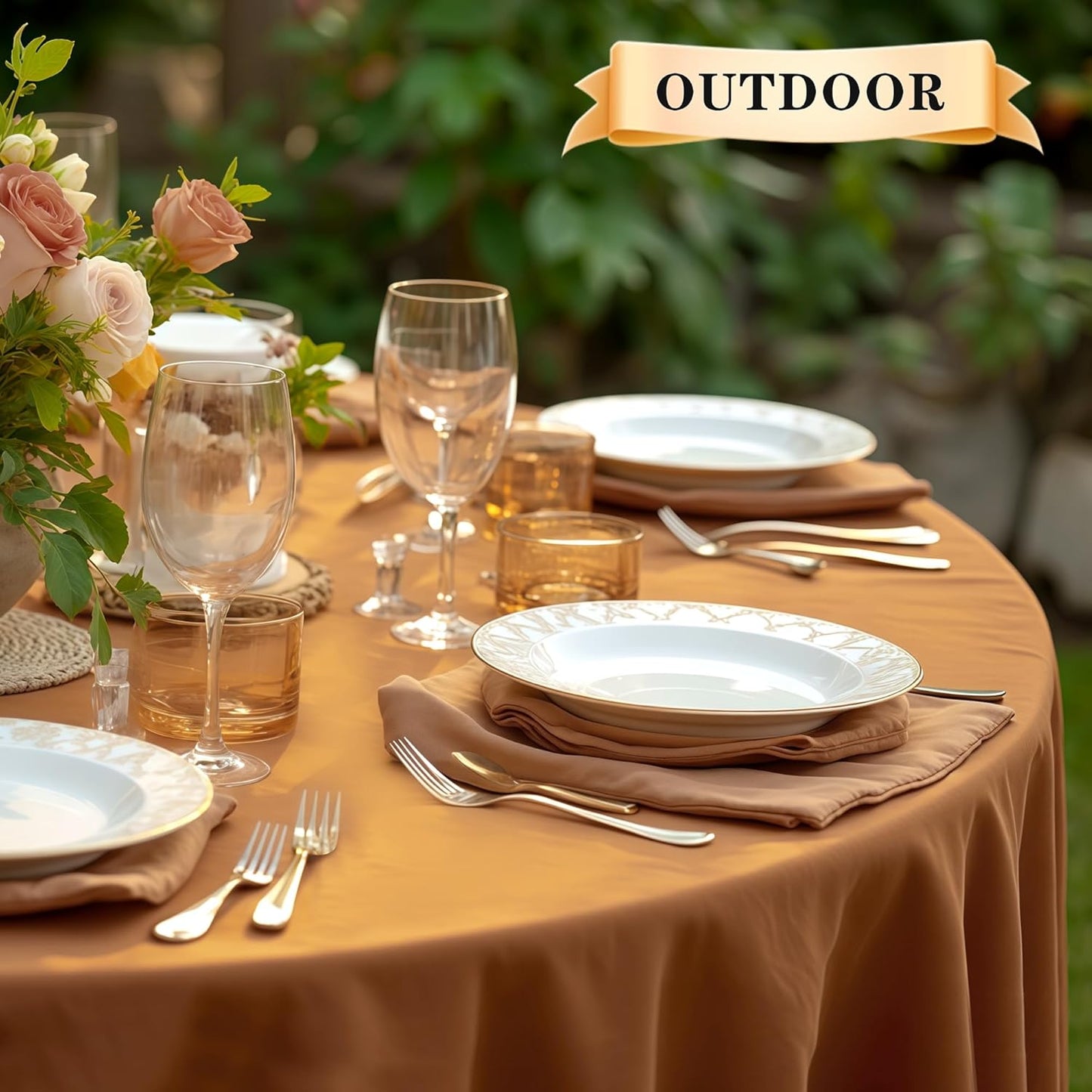 sancua Round Tablecloth 70 Inch(Fits 20-58 Inch Tables) - Water Resistant Spill Proof Washable Polyester Fall Table Cloth Decorative Fabric Table Cover for Dining Tables Thanksgiving Parties, Bronze