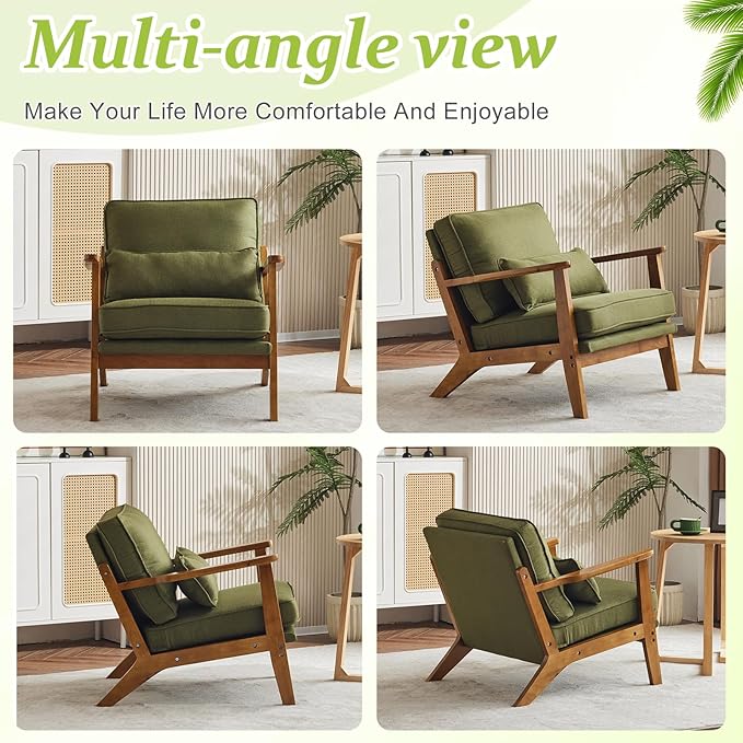 VINGLI Solid Wood Wide Armrests Accent Chair Set of 2, Upholstered Mid Century - Image 8