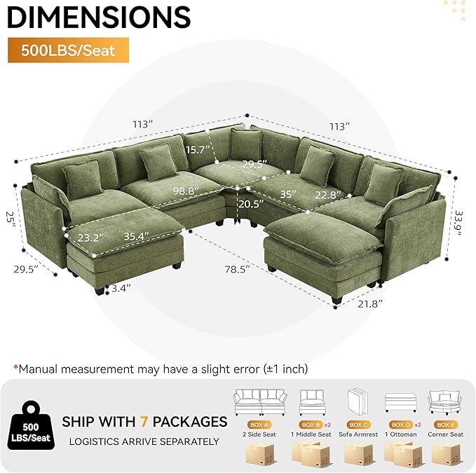 113'' V Shaped Cloud Sectional Sofa, Oversized Deep Seat Couches - Image 2