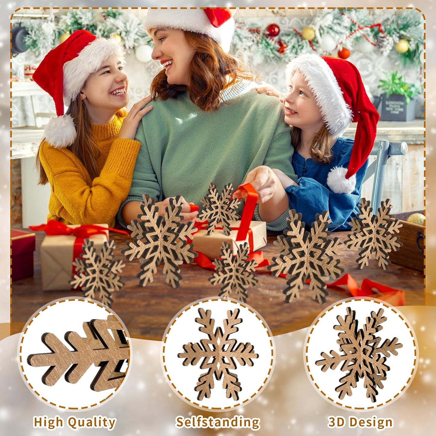 Bucherry 12 Pcs Wooden Snowflake Table Decor 3D Snowflake Tabletop Signs and Centerpiece for Christmas Winter Xmas Party Wonderland Decorations Home (Rustic Color)