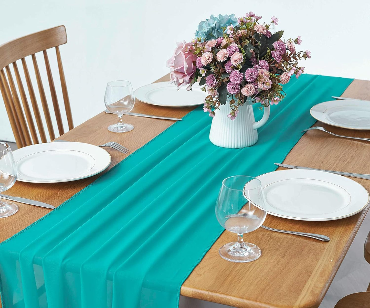 2 Pack 10Ft Turquoise Chiffon Table Runner Sheer 29x120 Inch for Romantic Wedding Decor Bridal & Baby Shower Birthday Rustic Party Decoration