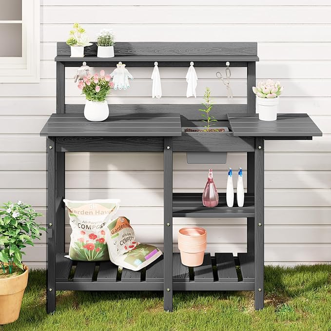 SERWALL Outdoor Potting Bench 2-Piece Set, Rot-Resistant HDPE Potting Table - Image 9